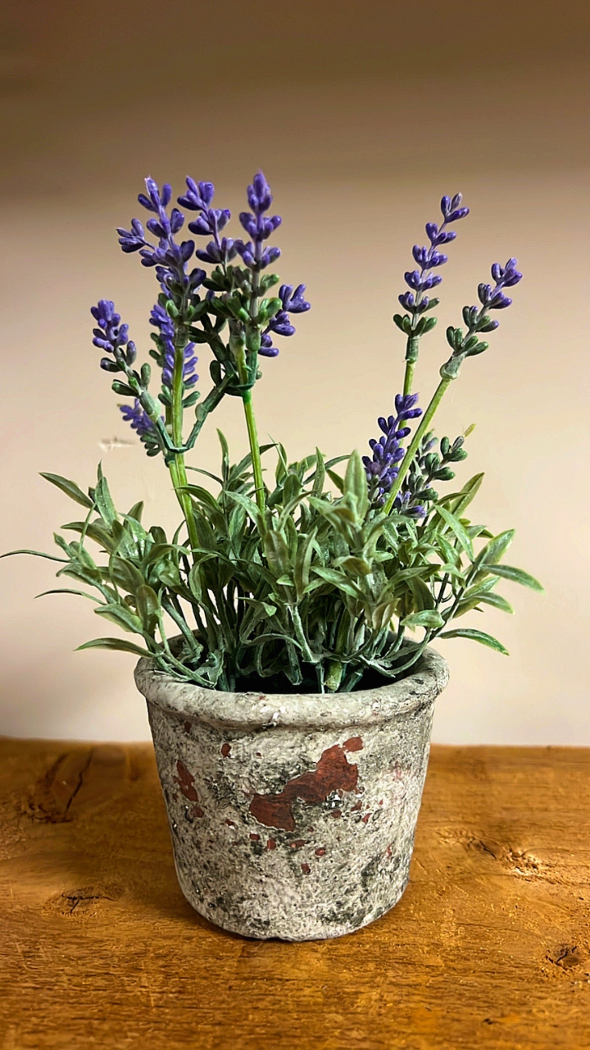 Kunst lavendelplant met paarse bloemen, geplaatst in een rustieke vintage pot, op een houten tafel.