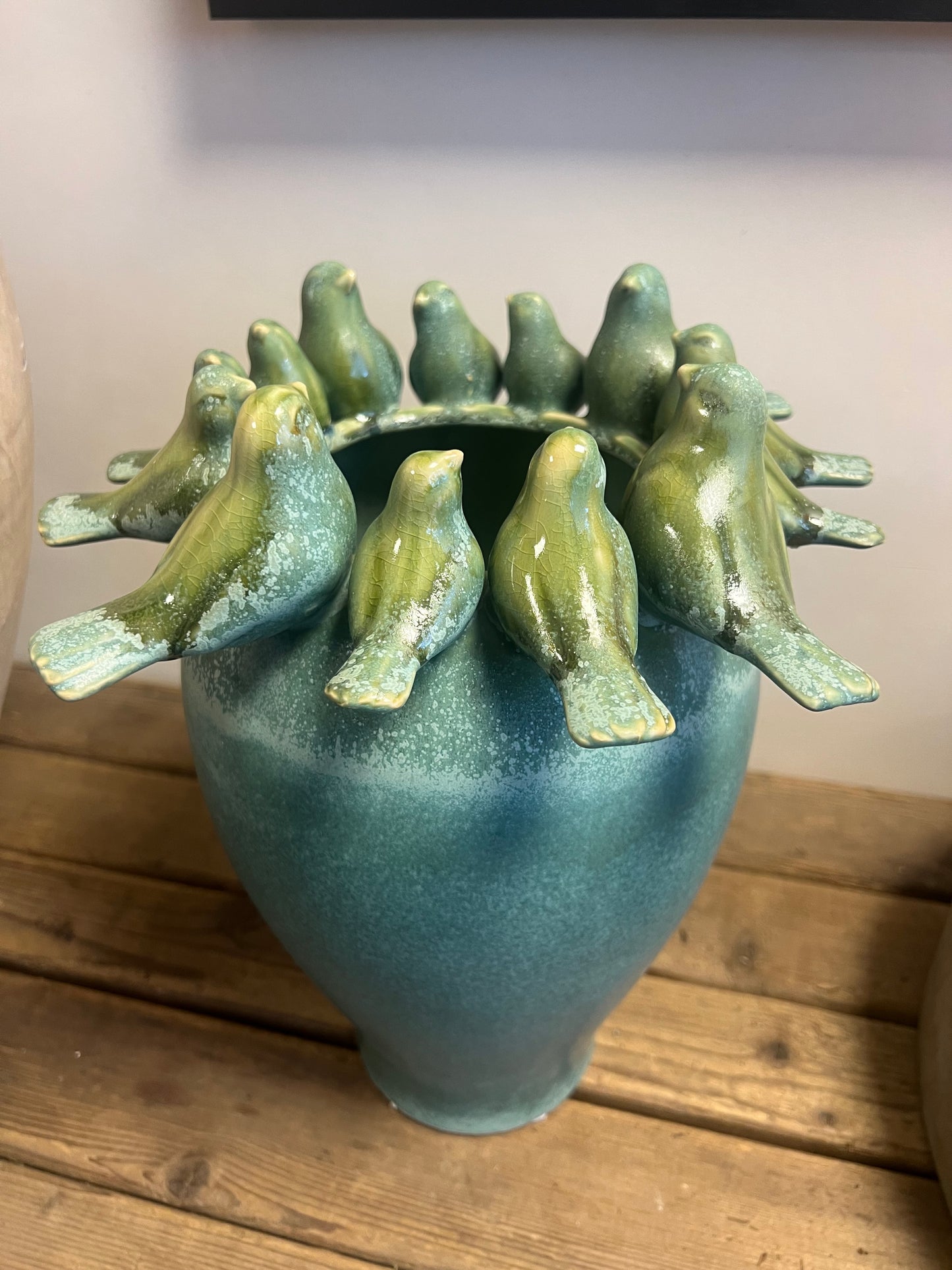 HANDGEMAAKTE | VOGELVAAS | BLAUW | GROEN