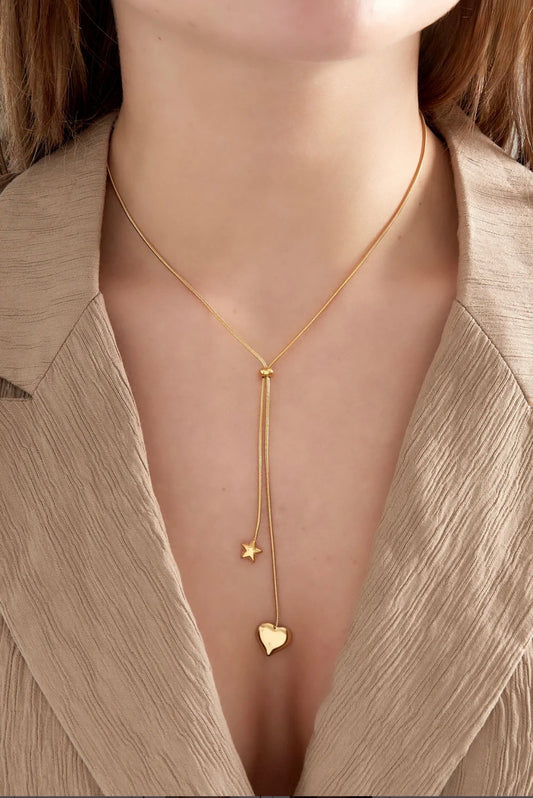 LONG | HEART | STAR | NECKLACE | GOUDKLEURIG | STAINLESS STEEL